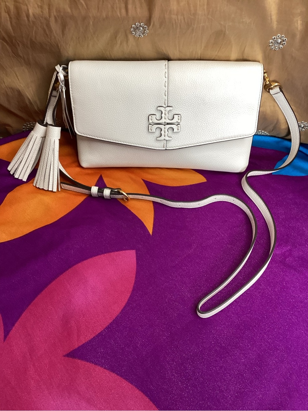 Tory Burch McGraw New Ivory Leather Crossbody with Tassel and Logo